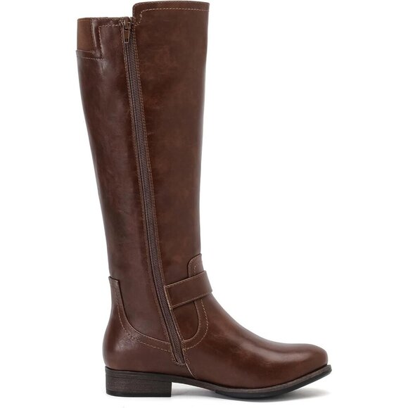 Women's Leather Brown Knee High Flat Tall Stylish Round Toe Winter Casual Boot - Picture 3 of 6